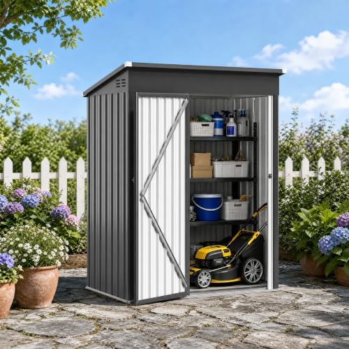 5 x 3 FT Outdoor Storage Shed, Waterproof Metal Garden Tool Shed with Sloped Roof, Lockable Door & Air Vents for Backyard Patio Lawn, Dark Gray - Image 7