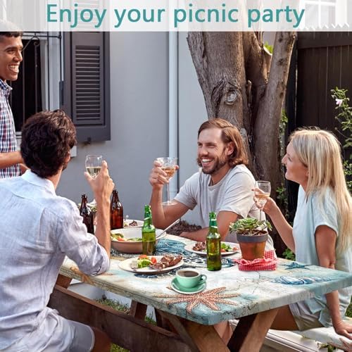 Picnic Table Cover with Bench Covers 6FT, Camping Essentials, Nautical Sea Turtle Ocean Windproof Waterproof Picnic Table Cloth, Fitted Tablecloth with Elastic Edge for Indoor Outdoor 3PCS 30x96 Inch - Image 2
