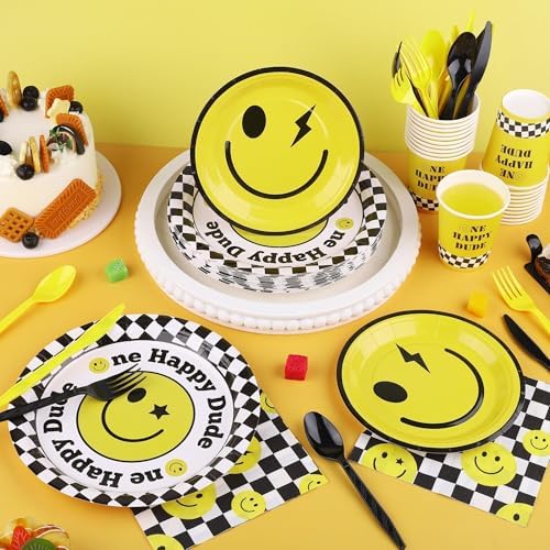 Kochorie 400 Pieces One Happy Dude Disposable Party Tableware Sets Including Plates Cups Napkins Cutlery Serves 50 for Smiley Party 1st Birthday Preppy Party Decorations - Image 4