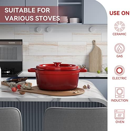 Miereirl 6.5 Quart Enameled Dutch Oven Pot with Lid, Cast Iron Dutch Oven with Dual Handles for Bread Baking, Cooking, Non-stick Enamel Coated Cookware (Red) - Image 4