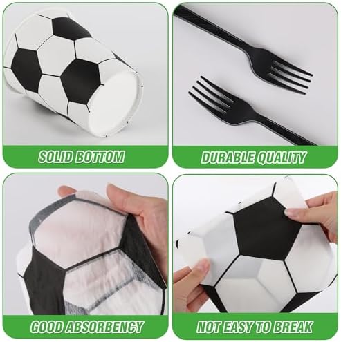 144 Pcs Soccer Tableware Set for 24 Guests, Heavy-Duty 7" & 9" Paper Plates, Cups, 2-Ply 13" Napkins & Plastic Forks, Disposable Party Supplies for Game Day and Birthday - Image 4
