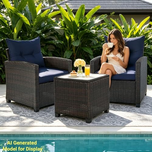 3 PCS Patio Wicker Conversation Set Sofa Table Dark Blue Cushion - Image 7