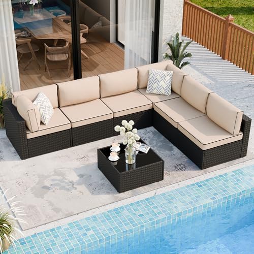 Shintenchi 7 Piece Outdoor Patio Furniture Set with Black PE Rattan, Khaki by Shintenchi%7CFurnitureMadeforRealLife