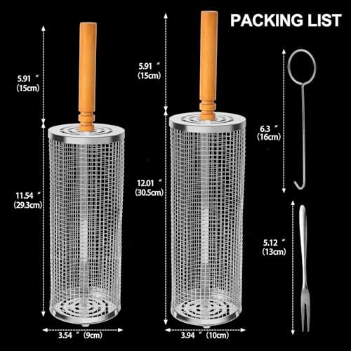 2PCS Nesting Grill Baskets with Removable Wooden Handles(11.8" x 3.9"), 304 Stainless Steel Rolling Barbecue Grill Mesh for Vegetables and Shrimp, BBQ Accessory Gifts for Men, BBQ Net Tube - Image 3