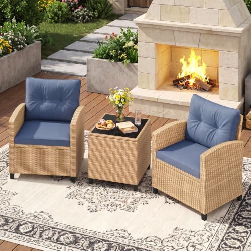 Tangkula 3 Pieces Patio Furniture Set, PE Rattan Wicker 3 Pcs Outdoor Sofa Set w/Washable Cushion and Tempered Glass Tabletop, Conversation Furniture for Garden Poolside Balcony - Image 4