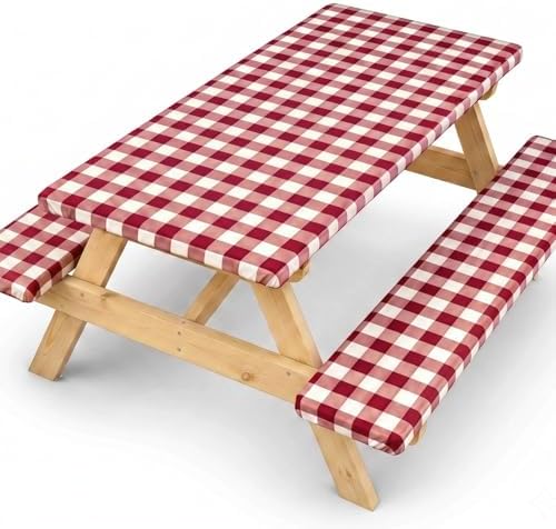 SquarePie 6FT Picnic Table Cover with Bench Covers, Burgundy Checkered by SquarePie