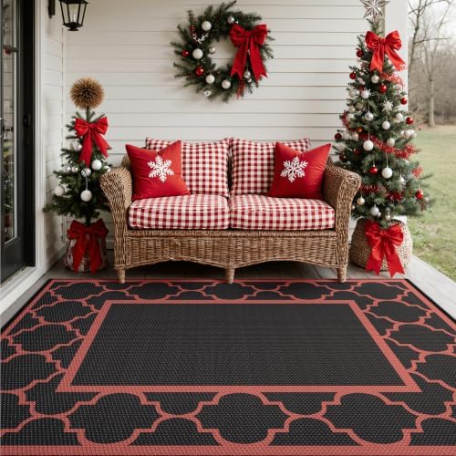 GENIMO Outdoor Rug, Waterproof Plastic Rugs for Patio, 6'x9' Black Red - Image 3