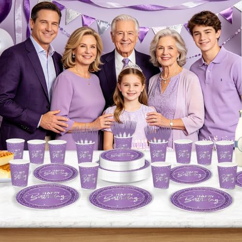 250Pcs Purple Silver Birthday Party Plates Serves 50 - Image 5