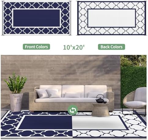 GENIMO Outdoor Rug, Waterproof Plastic Rugs 10'x20' for Camping Blue White - Image 5