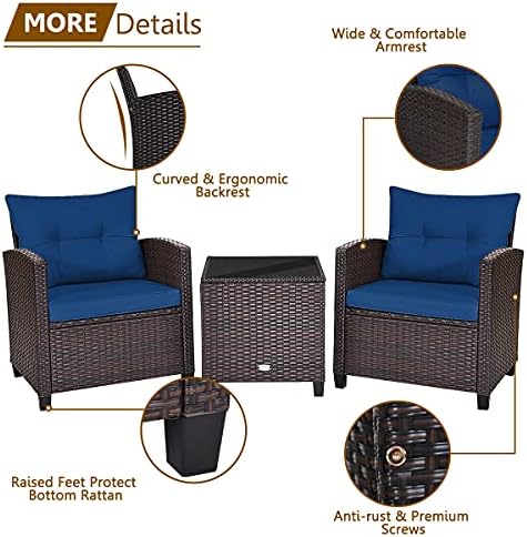 RELAX4LIFE 3 Piece Patio Furniture Set, Wicker Bistro Conversation Set w/ 2 Cushioned Armchairs & Glass Topped Table, Outdoor Rattan Sofa Set Patio Furniture for Porch Balcony Poolside (Navy Blue) - Image 5