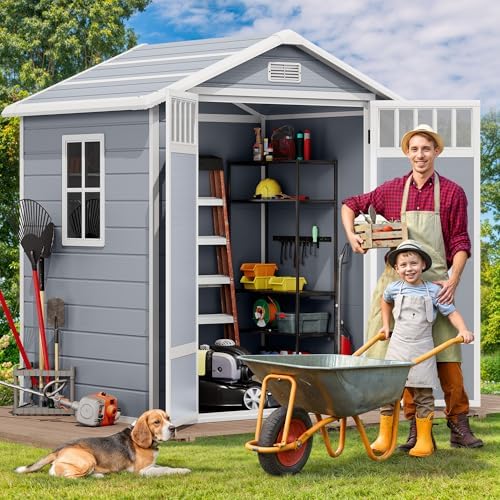 DWVO 6x4.4 FT Resin Storage Shed with Fence-Style and Side Windows, Lockable Door, and Vents for Garden, Backyard, Patio, Lawn, Gray - Image 2
