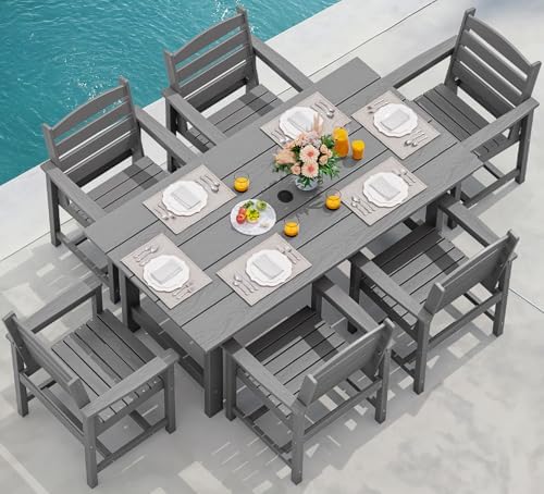 SERWALL 7 Pcs Outdoor Dining Set, 67" HDPE Dining Set for 6, Gray by SERWALL