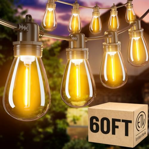 60FT LED Outdoor String Lights with 16+1 Edison Shatterproof Waterproof Bulbs, 2700K Commercial Grade Patio Lights, Heavy Duty Outside Hanging for Garden Porch Deck Decor by AMZRAP