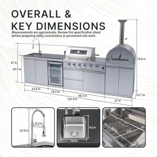 108,000 BTU Modular Outdoor Kitchen,125" Stainless Steel Propane Grill with Built-In Pizza Oven,Standalone Side Burner,Rotisserie,Refrigerator,Granite Countertop,Storage Drawers & Cabinets. - Image 2