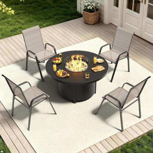 5 Pieces Outdoor Patio Furniture Set with 48" 55000 BTU Round Propane Fire Pit Table,Patio Dining Set Outdoor Conversation Sets 4 Teslin Chairs for Deck,Backyard and Garden - Image 2