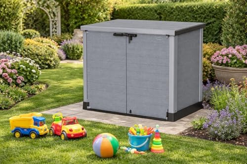 Duramax Cedargrain StoreAway 1200L Plastic Garden Storage Shed/Flat Lid - Outdoor Storage Bike Shed – Durable & Strong Construction– Ideal for Tools, Bikes, BBQs & 2X 240L Bins, 145x85x125 cm, Grey - Image 2