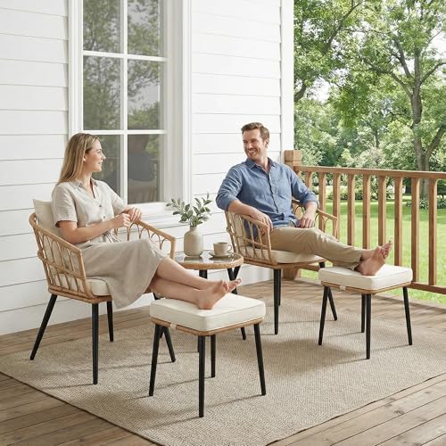 PORWEY 5 Piece Patio Bistro Set, All-Weather Rattan, Yellow/Beige - Image 3