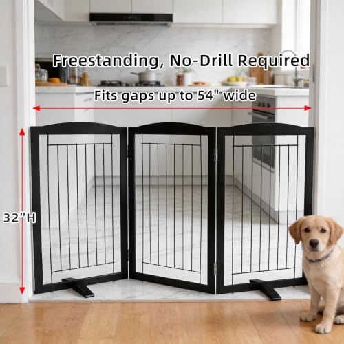 ZJSF Freestanding Dog Fence Indoor, Foldable Dog Gate for Doorways, Stairs or Hallways, Sturdy Wood Extra Wide Pet Gate with Support Feet for The House, Black, 32 "Height-3 Panels - Image 2