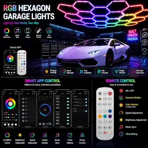 25Pack RGB Hexagon LED Garage Lights, 5 Hexagon Smart Honeycomb Lights with APP & Remote Control, Music Sync, 358 RGB Colors, Dimmable DIY Modular Lighting for Garage, Gaming Room & Car Detailing - Image 5