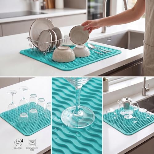 MicoYang Silicone Dish Drying Mat for Multiple Usage,Easy clean,Eco-friendly,Heat-resistant Silicone Mat for Kitchen Counter or Sink,Refrigerator or Drawer liner Mint M 12 inches x 12 inches - Image 4