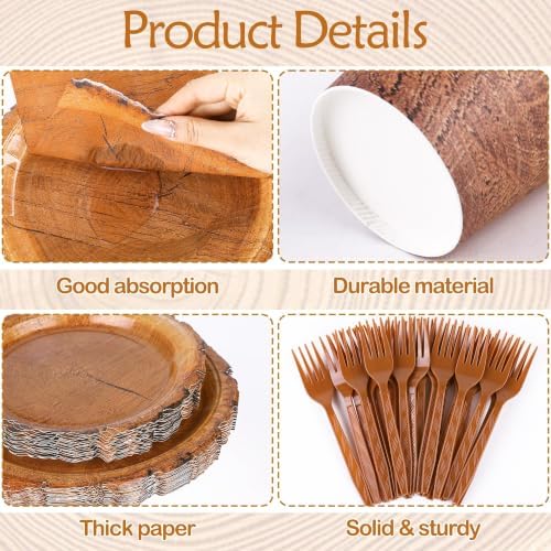 Kochorie 400 Pieces Wood Grain Slice Disposable Party Tableware Sets Rustic Wood Party Supplies Including Plates Cups Napkins Cutlery Serves 50 for Camping Birthday Forest Themed Party Decorations - Image 3
