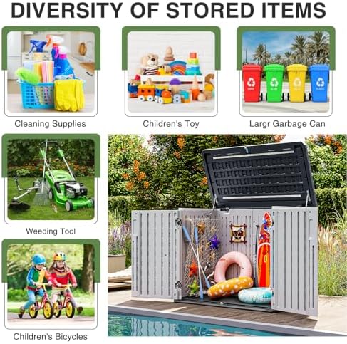36 Cu.Ft Outdoor Storage Cabinet with High Polymer Material Outdoor Trash Can Storage Shed Waterproof Outdoor Storage Horizontal Storage Shed for Garbage Bin, Generator, and Lawnmower, White - Image 7