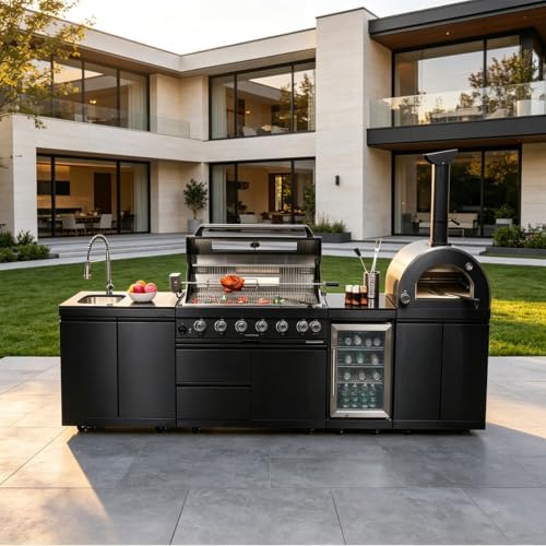 122'' LPG Outdoor Kitchen Island with Grill & Pizza Oven, 6 Burners, Black by Unknown