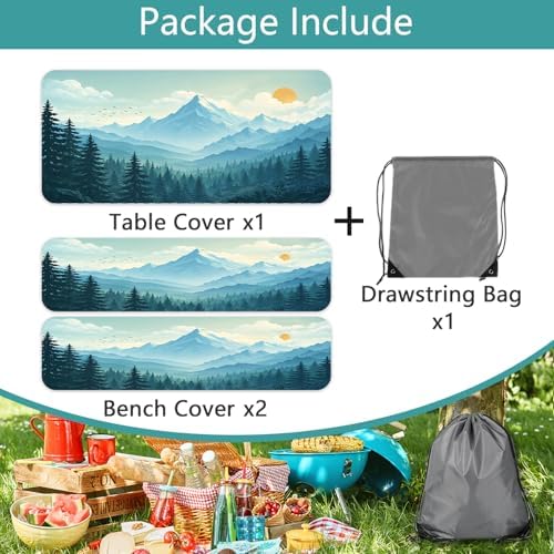 Picnic Table Cover with Bench Covers and Bag, Forest Mountain Sunset Camping Tablecloth, Waterproof Windproof Oilproof Elastic Edges Fitted Tables Cover for Indoor Outdoor 3PCS 30x96 Inch (Green) - Image 6