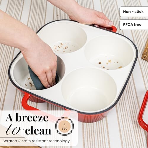QuadPro Enamelled Cast Iron Bread Loaf Pot – Dutch Oven for Sourdough Bread Baking – 500°F Oven Safe Non Stick Bread Pot – 4 Round Loaf Spaces (4.90-inch Diameter), Red – by Nuovva - Image 5