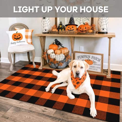 IOHOUZE Fall Buffalo Plaid Outdoor Rug 3x5, Washable, Black Orange - Image 4