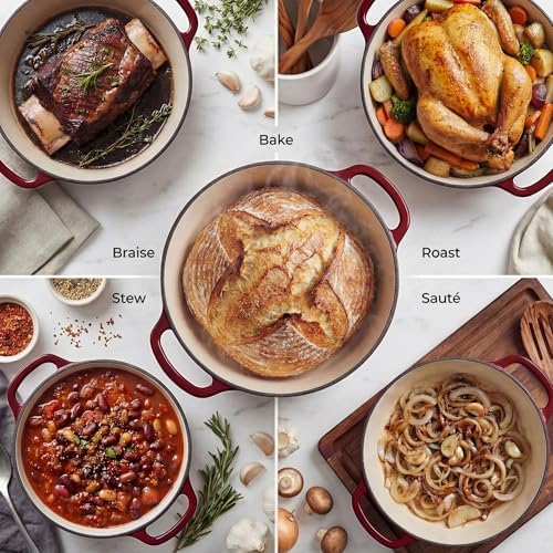 Zulay Kitchen 6.4QT Enameled Cast Iron Dutch Oven Pot with Lid, Heavy-Duty Soup Pot for Stews, Braising, Roasting & Sourdough Bread Baking, Oven Safe up to 500°F – Garnet - Image 3
