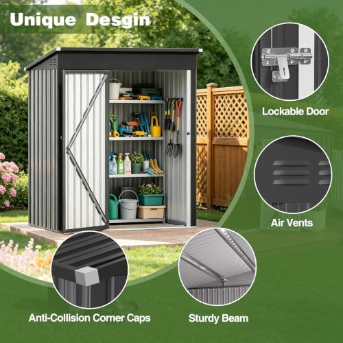 5 x 3 FT Outdoor Storage Shed, Waterproof Metal Garden Tool Shed with Sloped Roof, Magnetic Light, Lockable Door & Air Vents for Backyard Patio Lawn, Dark Gray - Image 6