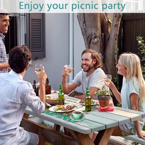 Flowers Picnic Table Cover with Bench Covers and Bag, Camping Essentials, Green Camper Wooden Grain Waterproof, Fitted Tablecloth Cover with Elastic Edge, Outdoor Table Covers, 3 PCS, 30x72 Inch - Image 4
