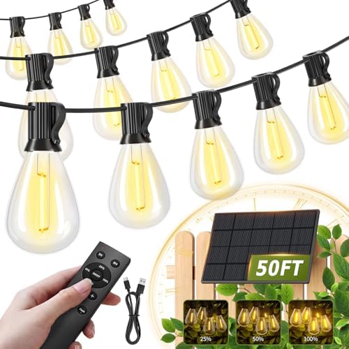 50FT Solar String Lights Outdoor, 18+1LED Shatterproof Bulbs with Remote & USB Port, Waterproof 3 Modes Dimmable Solar Lights for Backyard, Patio, Camping by AMZRAP