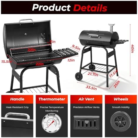 Outvita Barrel BBQ Charcoal Grill with Warming Rack & Dual Prep Table Black - Image 6
