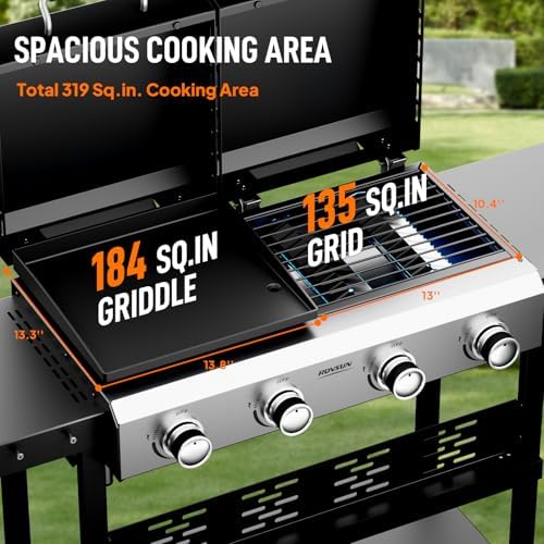 ROVSUN 2-in-1 Propane Gas Grill and Griddle Combo with Lid, 4 Burner Standing Flat Top Griddle & Grill with 40000BTU Output, Auto Ignition, Enamel Grate for Outdoor Backyard BBQ Cooking - Image 4