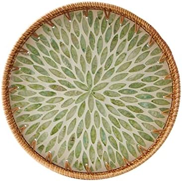 Round Rattan Tray with Mother of Pearl Inlay, Rattan Serving Tray with Wooden Base, Decorative Wicker Basket for Table Decor, Storage and Display of Coffee Bread Food Fruit (Leaf) by Kmelep