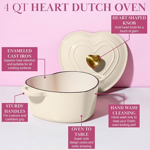 Paris Hilton Enameled Cast Iron Dutch Oven Pot with Lid, Heart-Shaped Dutch Oven, Durable Cast Iron Pot with Dual Handles, Oven Safe to 500°F, Works on All Stovetops, 4-Quart, Cream - Image 6