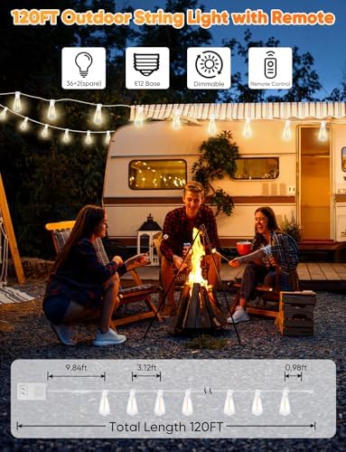 Brightever 120FT LED Outdoor String Lights with Remote, Patio Lights Outdoor Waterproof with 38 Shatterproof Edison Bulbs, Dimmable Outside Hanging Light for Birthday, Party, Christmas Decor, White - Image 5