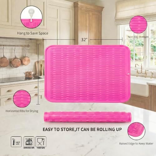 MicoYang Silicone Dish Drying Mat for Multiple Usage,Easy clean,Eco-friendly,Heat-resistant Silicone Mat for Kitchen Counter or Sink,Refrigerator or Drawer Liner Rose 4XL 32 inches x 18 inches - Image 2