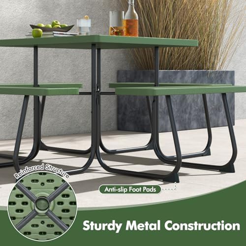 Moccha Picnic Table Bench Set - Outdoor Table and Chairs with Umbrella Hole, HDPE Tabletop & Metal Frame, 500LBS Capacity, Outdoor Camping Table for Garden Backyard Porch Patio Table Set (Green) - Image 4