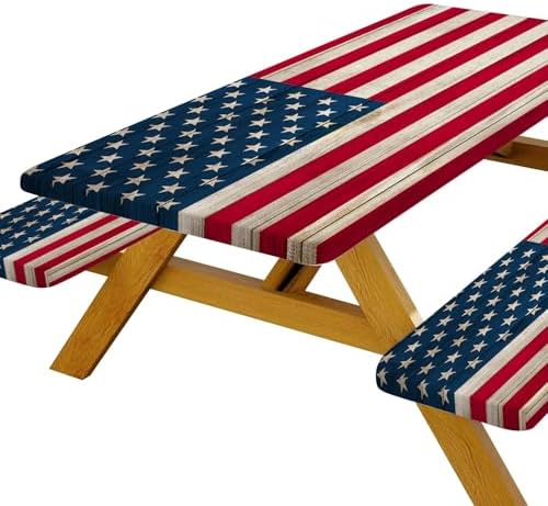 American Flag Picnic Table Cover with Bench Covers, Waterproof Windproof Oilproof, Camping Essentials, Fitted Tablecloth Cover with Elastic Edge, for Indoor & Outdoor, Garden, 3 Pieces Set, 30x60 Inch - Image 2