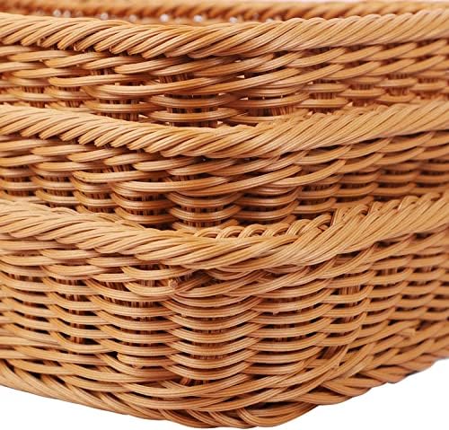 KEILEOHO 3 Packs Poly Wicker Bread Baskets of 12 Inch, Handmade Woven Pantry Organizer, Tabletop Food Serving Baskets for Fruits, Vegetables and Snacks, Restaurant, Hotel Serving, Brown - Image 3