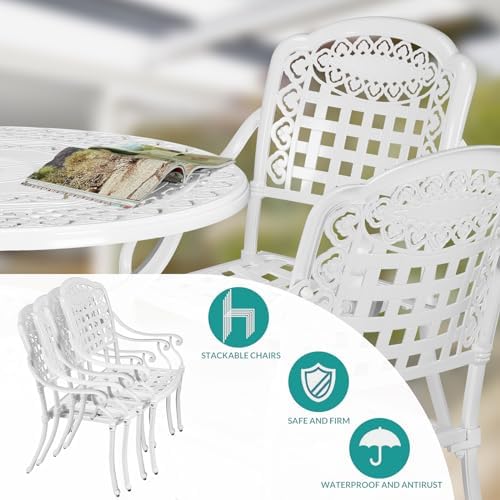 MEETWARM 5 Piece Patio Dining Set, Outdoor All-Weather Cast Aluminum Dining Furniture Set Includes 4 Chairs and 1 Round Table with Umbrella Hole for Garden Deck, White - Image 5