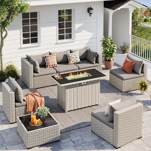 Outdoor Patio Furniture Set with Fire Pit 8 Pcs Wicker Sectional Sofa Grey by UDPATIO
