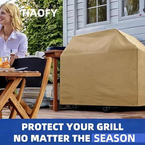 BBQ Gas Grill Cover for Outdoor, Anti-UV, Rip-Proof, 600D Oxford Fade Resistant Material, Barbecue Cover with Hook and Loop Straps & Adjustable Hem Drawstring (Beige, 32”x26”x43”) - Image 6