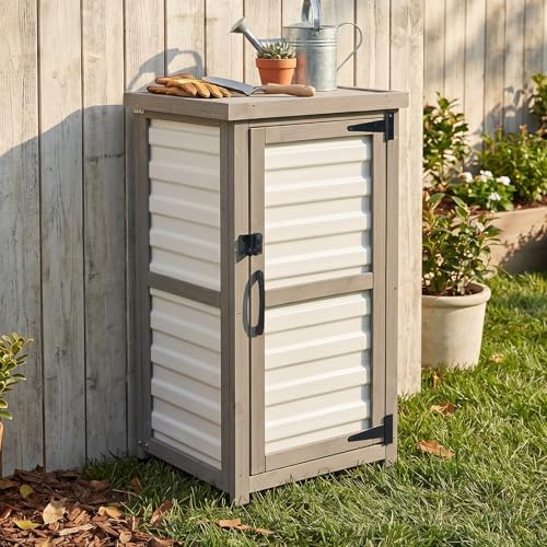 Outdoor Storage Cabinet with Metal Top, Wooden & Plastic Potting Bench & Tool Organizer, Adjustable Shelf for Patio Backyard Garden, Small Outdoor Cabinet for Tools by PETSCOSSET