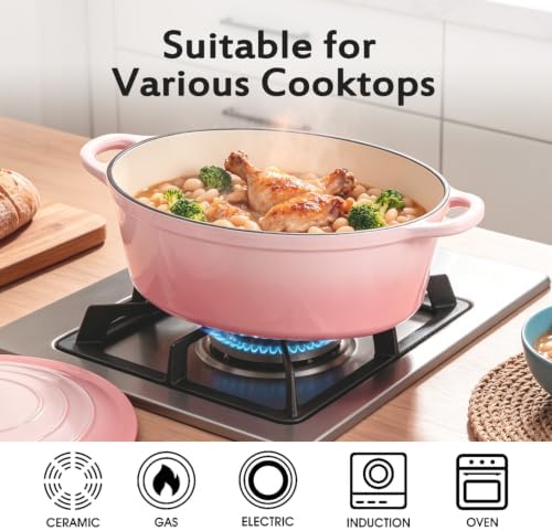Enameled Dutch Oven Pot with Lid, 7 QT Cast Iron Dutch Oven with Dual Handles, Oval Dutch Oven for Cooking, Bread Baking, Frying, Non-stick Enamel Coated Oven (Gradient Pink) - Image 5