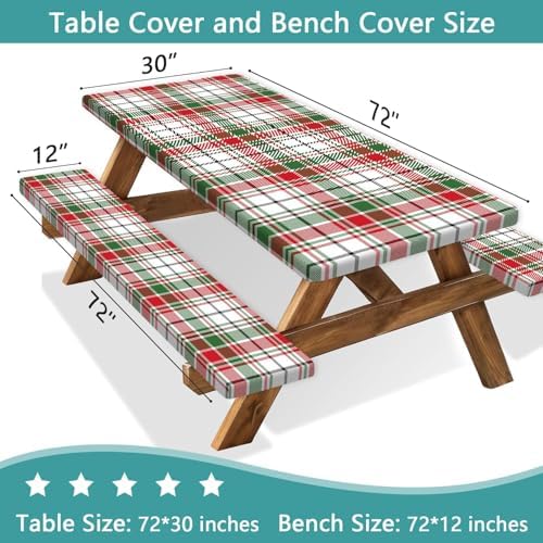 Red Green White Plaid Picnic Table Cover with Bench Covers and Bag, Camping Essentials, Water Resistant Windproof, Fitted Tablecloth Cover with Elastic Edge, for Indoor & Outdoor 3 PCS, 30x72 Inch - Image 2