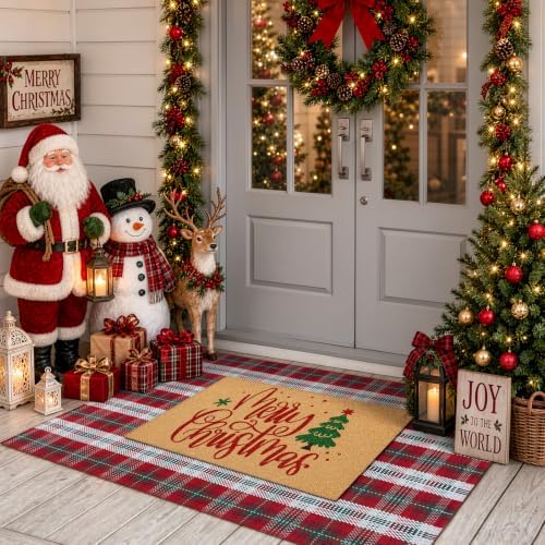 Christmas Door Mat 3' x 5' Buffalo Plaid Cotton Washable Outdoor Rug - Image 3
